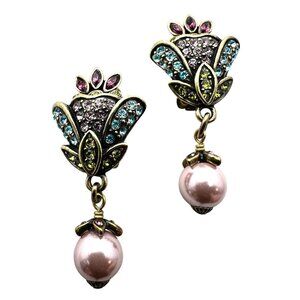 Heidi Daus Multicolor Crystal Pearl Bronze Clip Earrings Chandelier 2 Inch